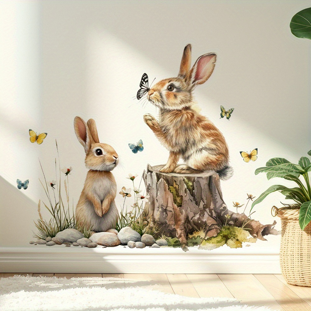 Pvc Panel Background - Wandaufkleber mit Naturmotiv, Aquarell-Stil, Baumstämme, Hase